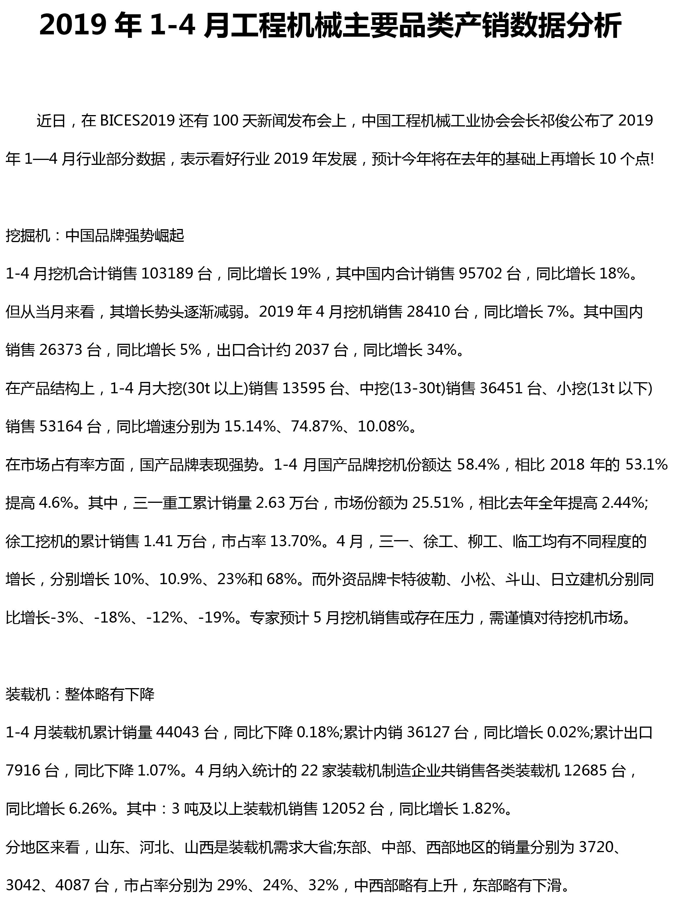 2019年1-4月工程机械主要品类产销数据分析(图1)